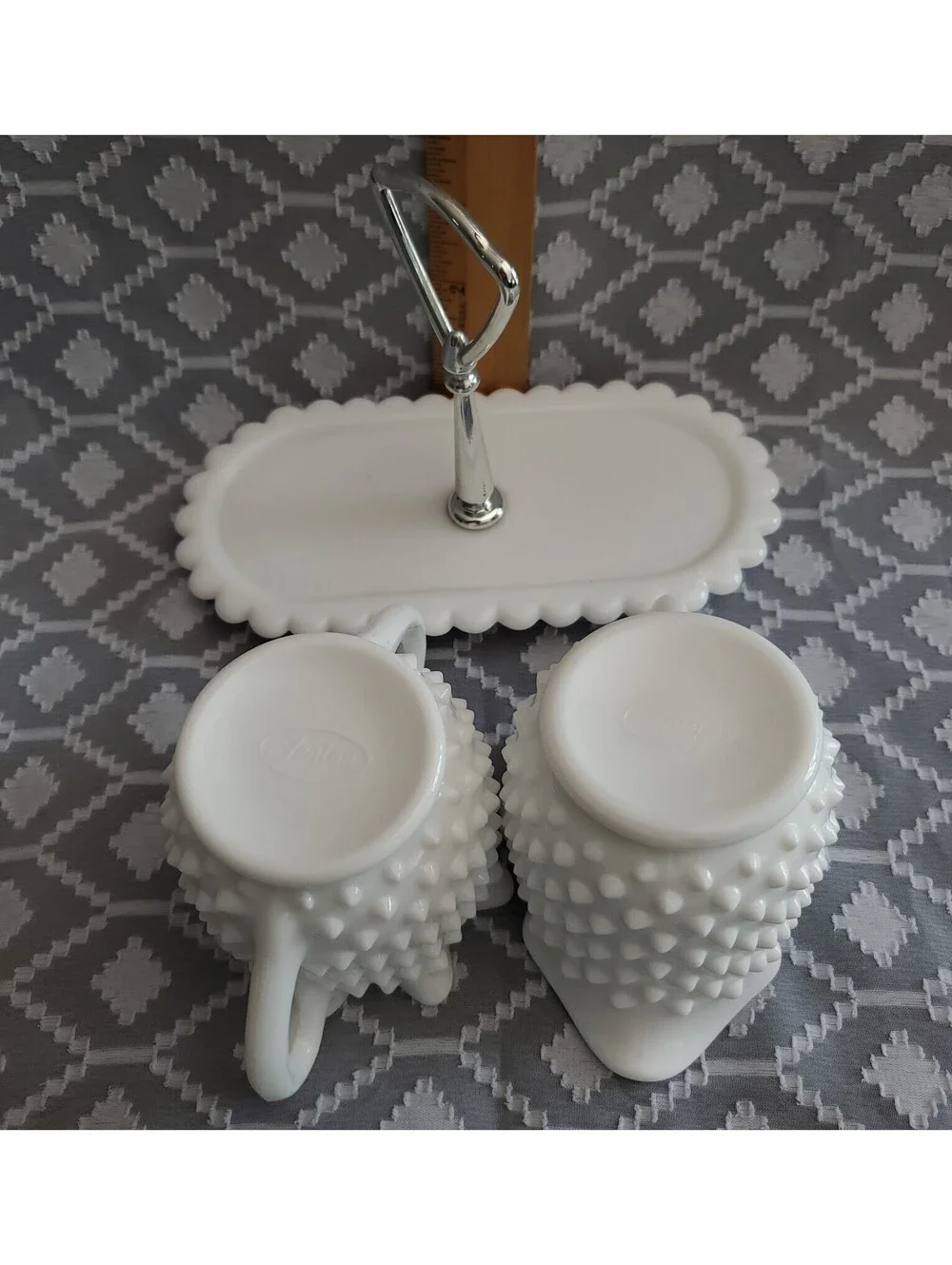 Vtg Fenton Hobnail Milkglass Creamer/Sugar With Tray